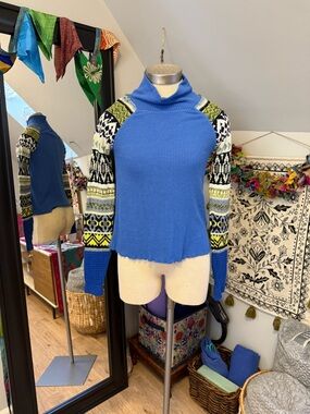 Free People Blue Turtleneck Sweater with Patterned Raglan Sleeves